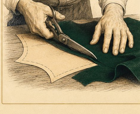 Hands cutting green casino felt to size with scissors