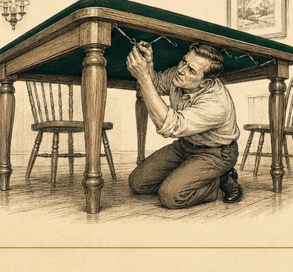 A man crouched under a dining table hooking bungee cords to anchor a poker felt